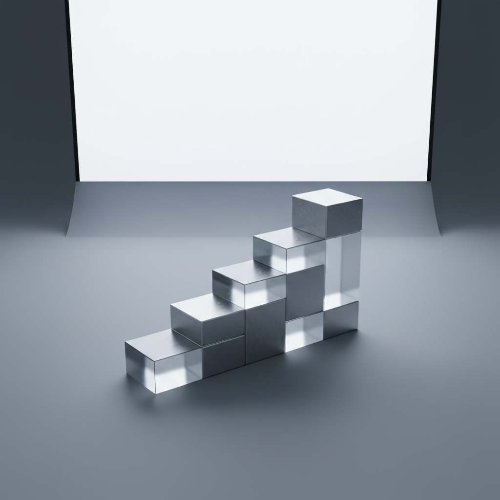A cluster of elegant, monochrome cubes and rectangles made of frosted glass and brushed aluminum stacked in ascending order, symbolizing building blocks on a matte slate-grey backdrop. The arrangement sits centrally on a smooth, uncluttered surface in a minimalist studio setting. An overhead softbox light gently illuminates the glass elements, creating subtle highlights and soft, defined shadows. The atmosphere is sophisticated, precise, and forward-thinking, with a clean corporate feel. The image is captured from a slightly elevated angle, with perfect focus and a structured layout to evoke the strategic assembly of a successful social media marketing framework.